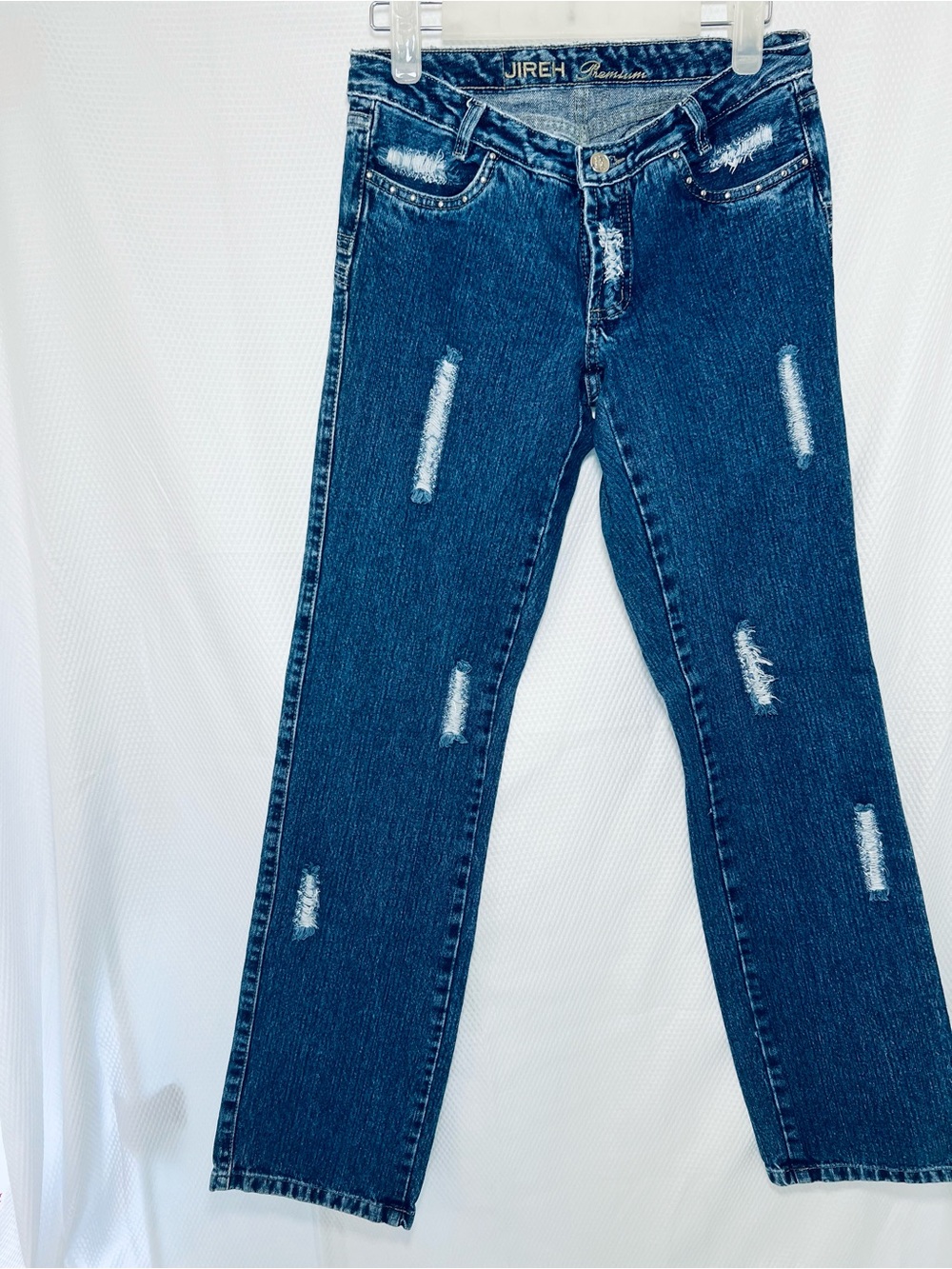 Women's Straight Leg Distressed Jeans - Indigo Blue